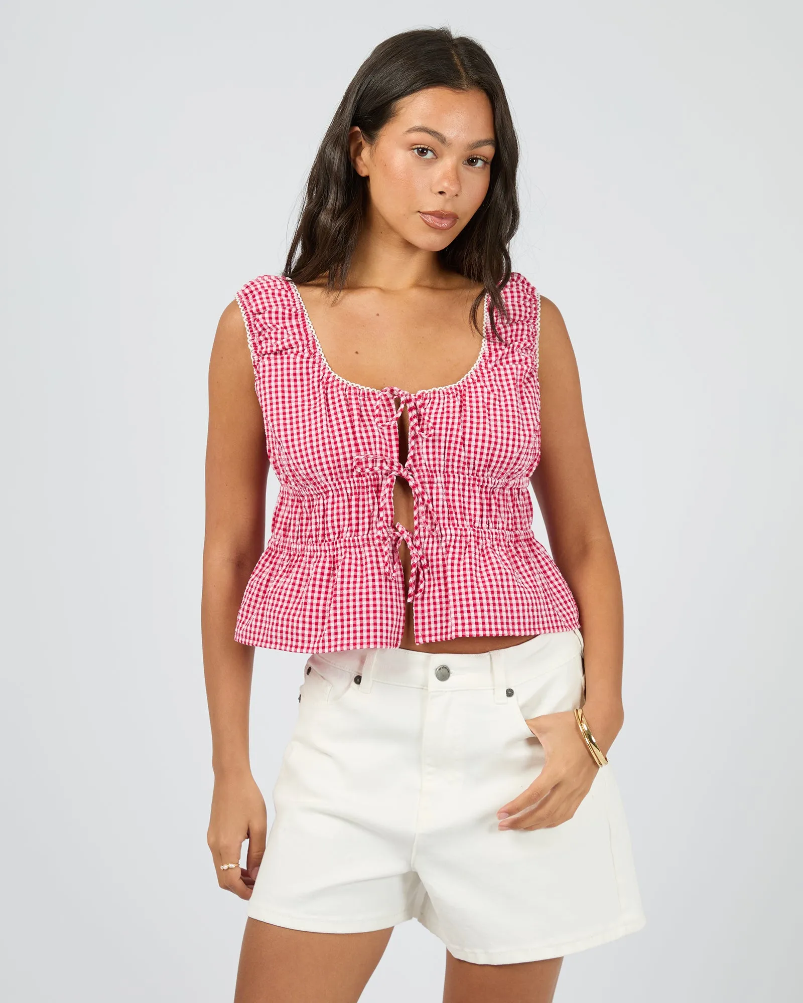 Lani Tie Top Check sold by All About Eve