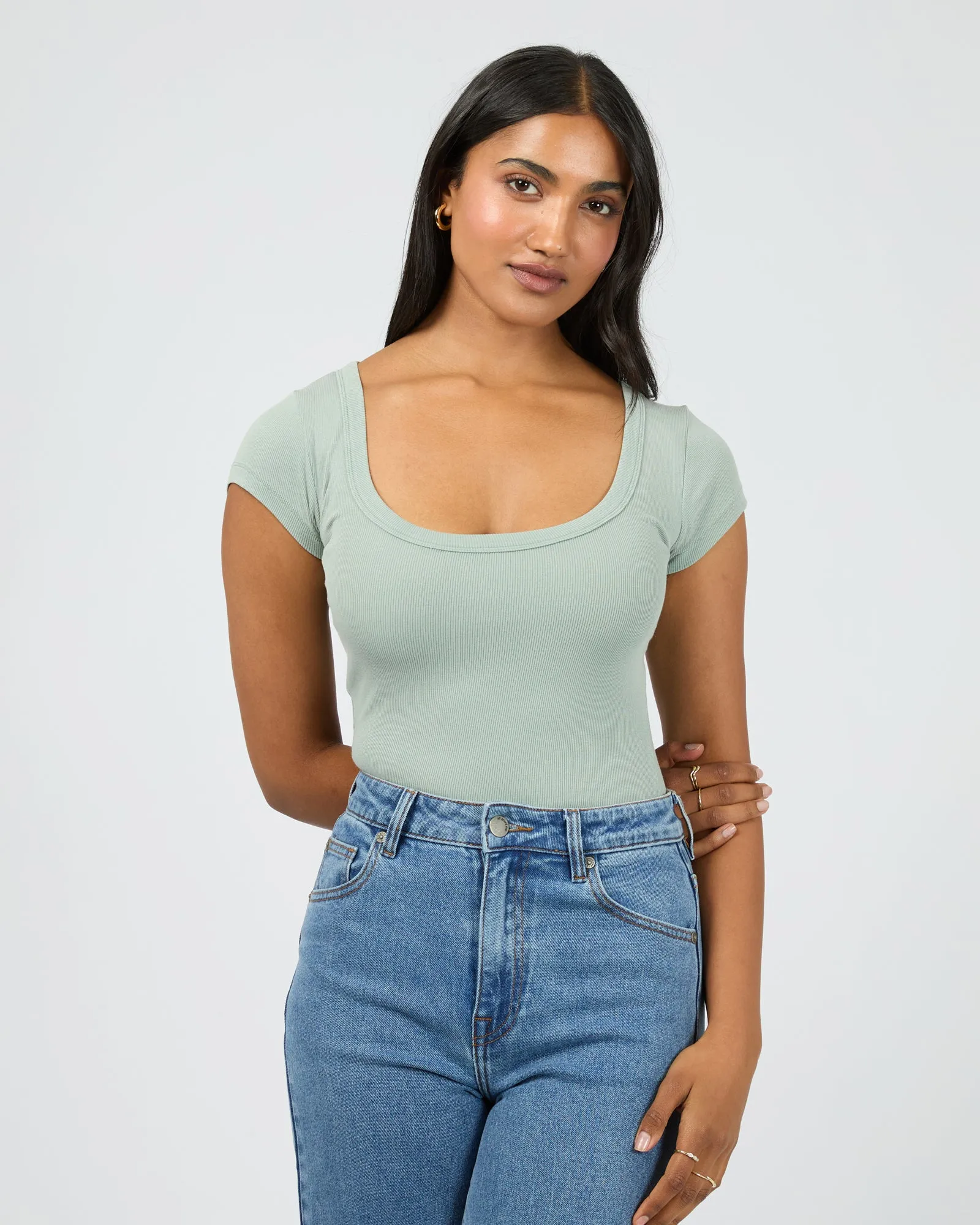Washed Rib Scoop Neck Tee Sage sold by All About Eve