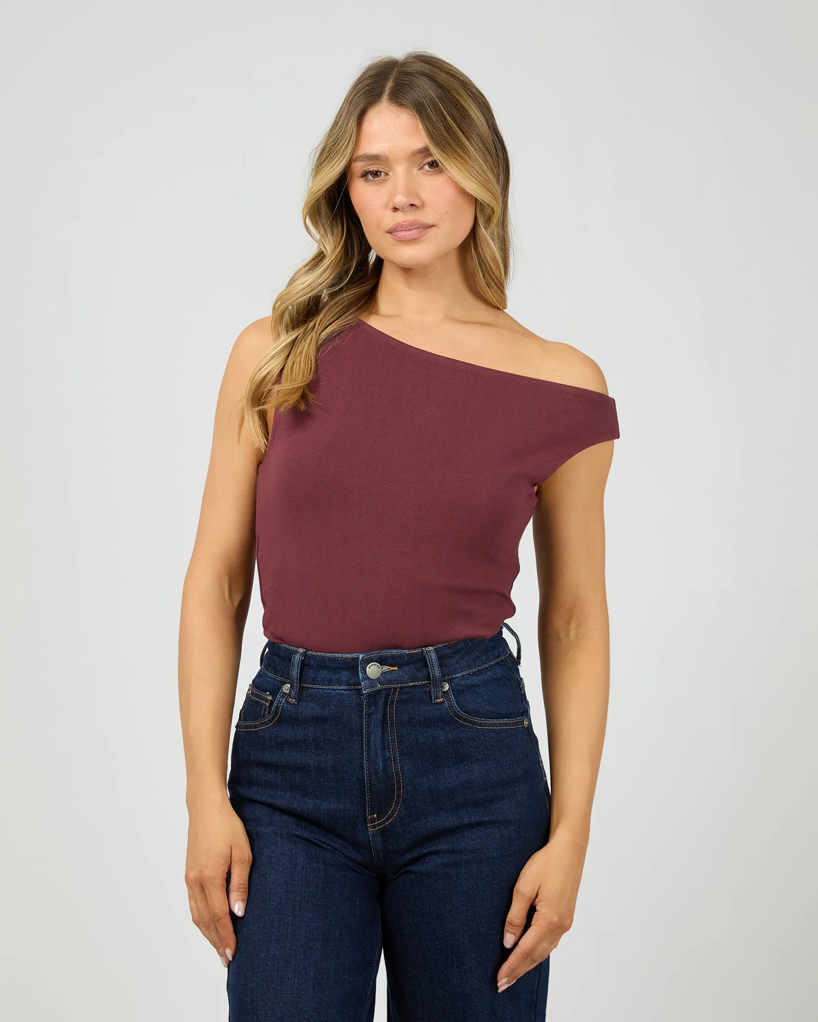 Kylie Off Shoulder Top Burgundy sold by All About Eve