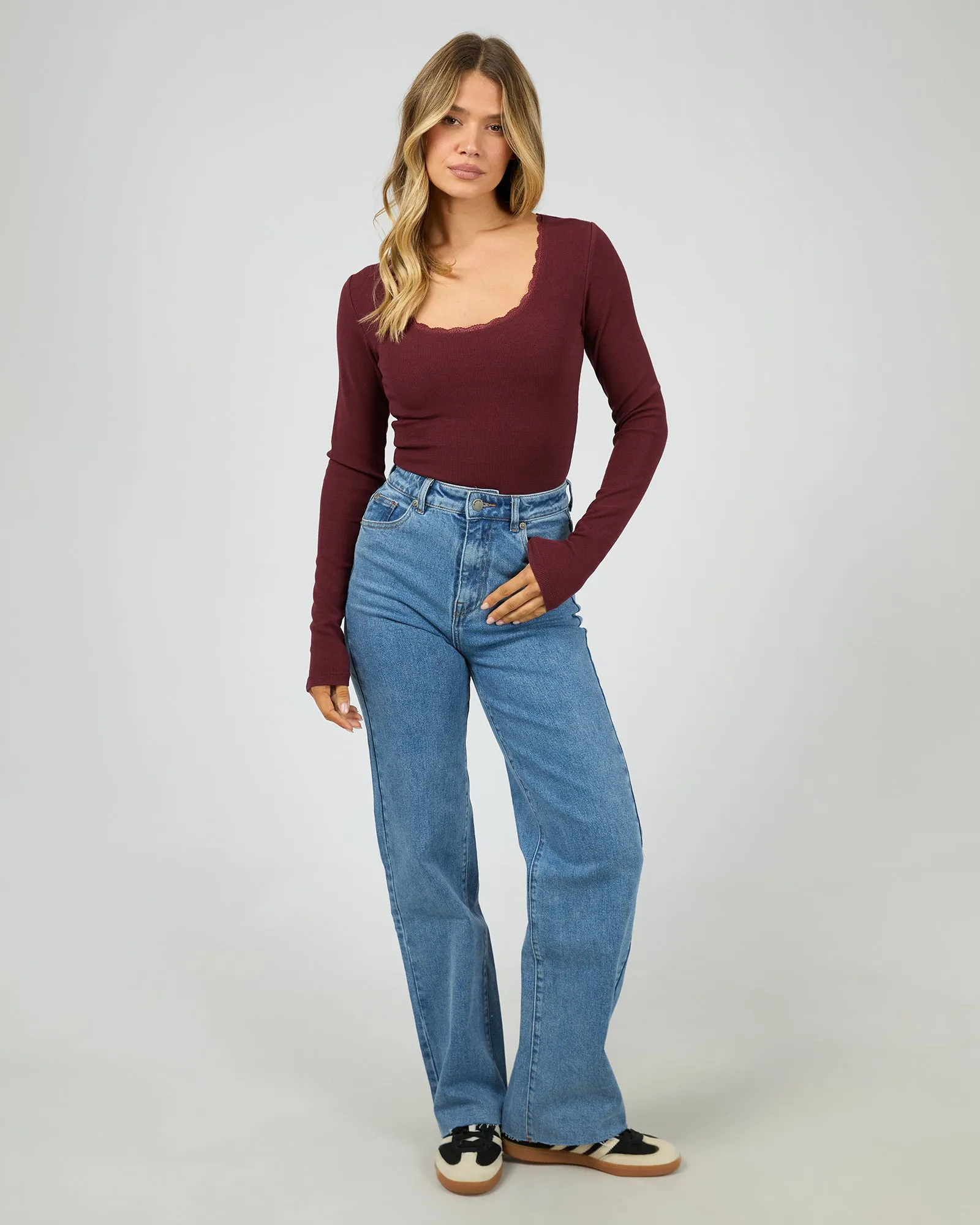 Washed Rib Scoop Neck L/S Tee Burgundy sold by All About Eve product image thumbnail 2