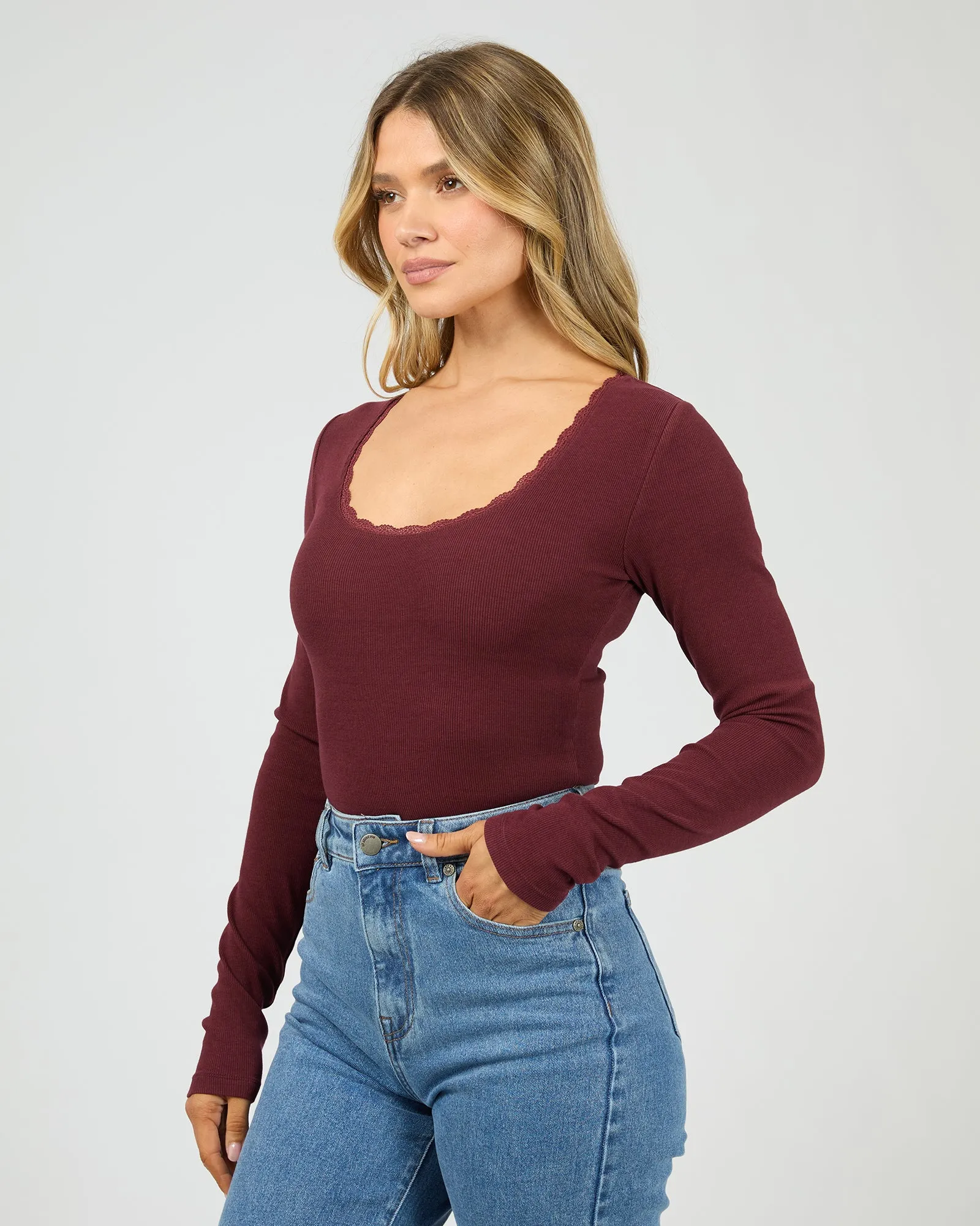 Washed Rib Scoop Neck L/S Tee Burgundy sold by All About Eve product image thumbnail 4