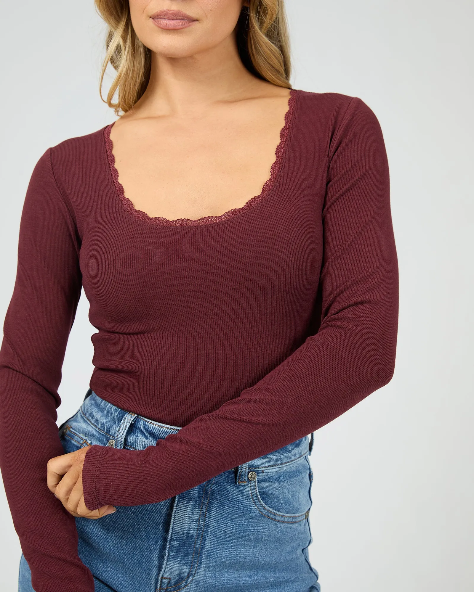 Washed Rib Scoop Neck L/S Tee Burgundy sold by All About Eve product image thumbnail 5