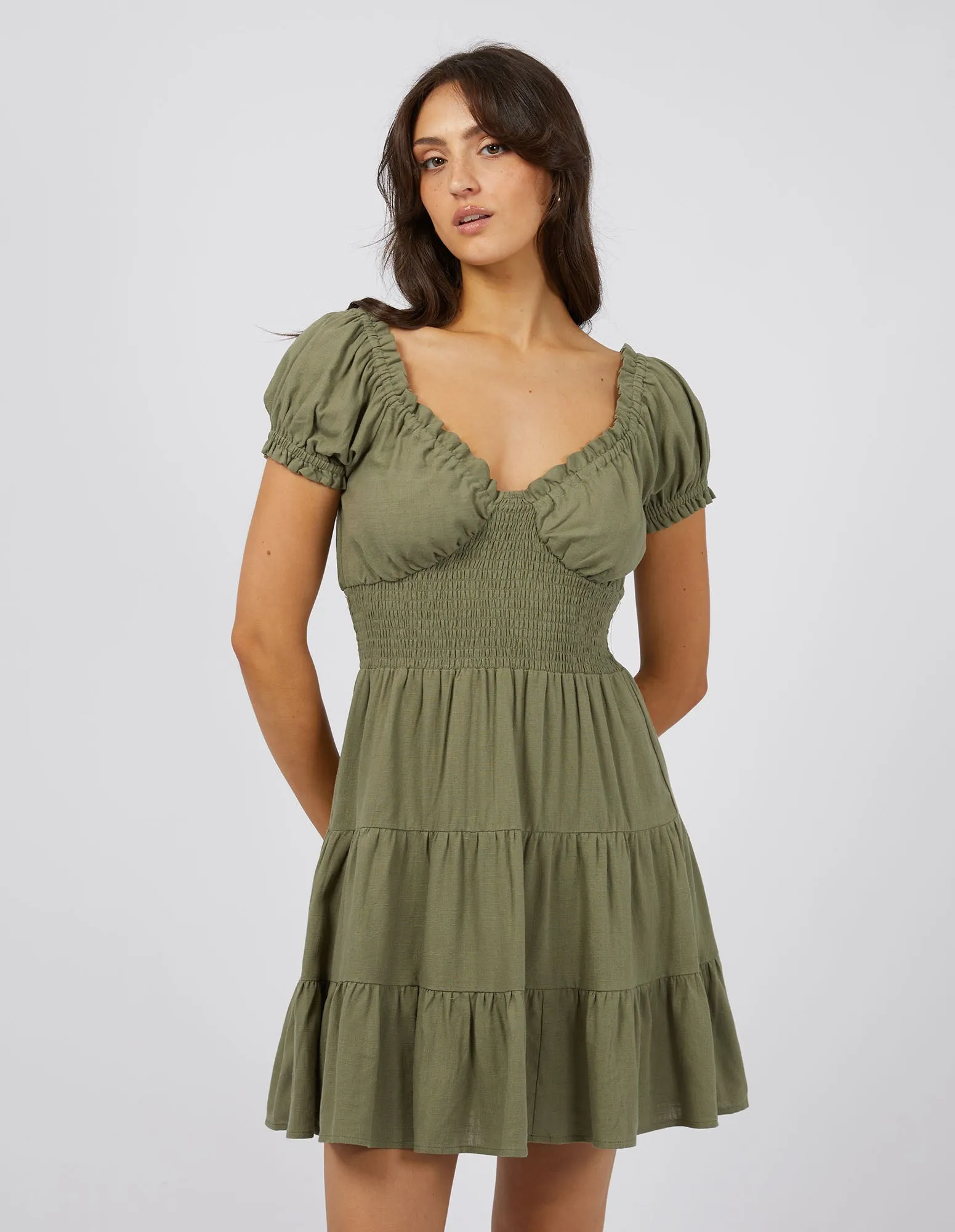 Luxe Linen Mini Dress Khaki sold by All About Eve