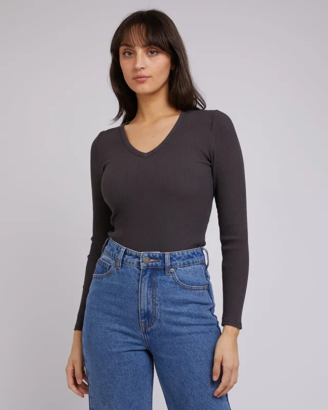 Eve Rib V Neck Long Sleeve Top Washed Black sold by All About Eve