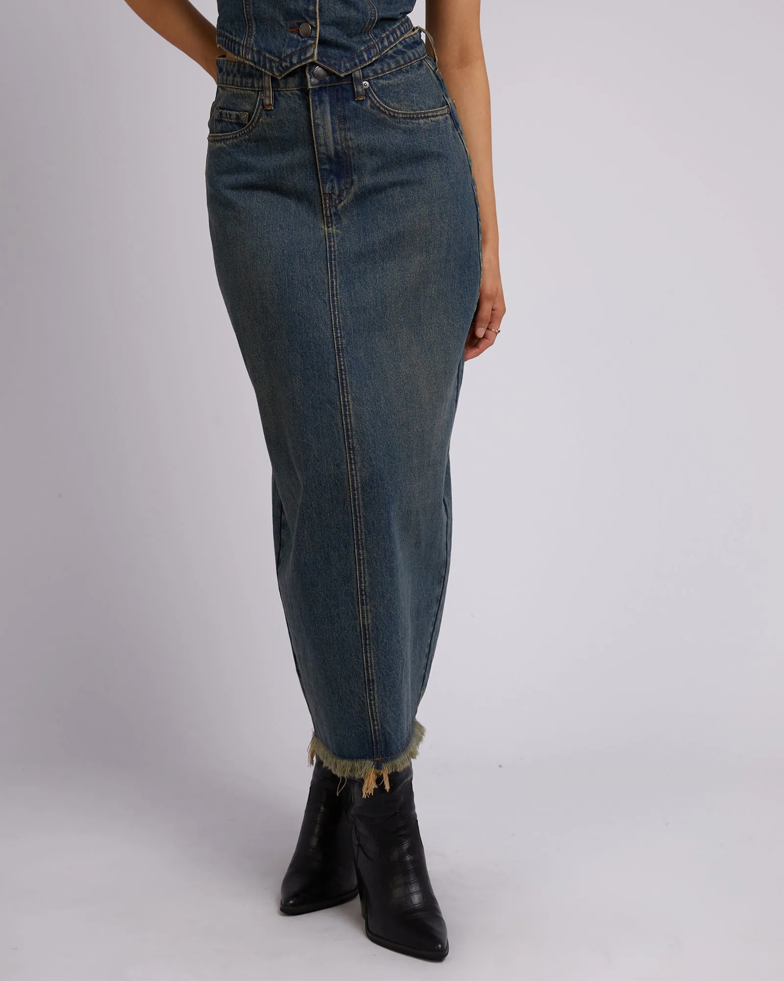 Ray Denim Maxi Skirt Dirty Denim sold by All About Eve