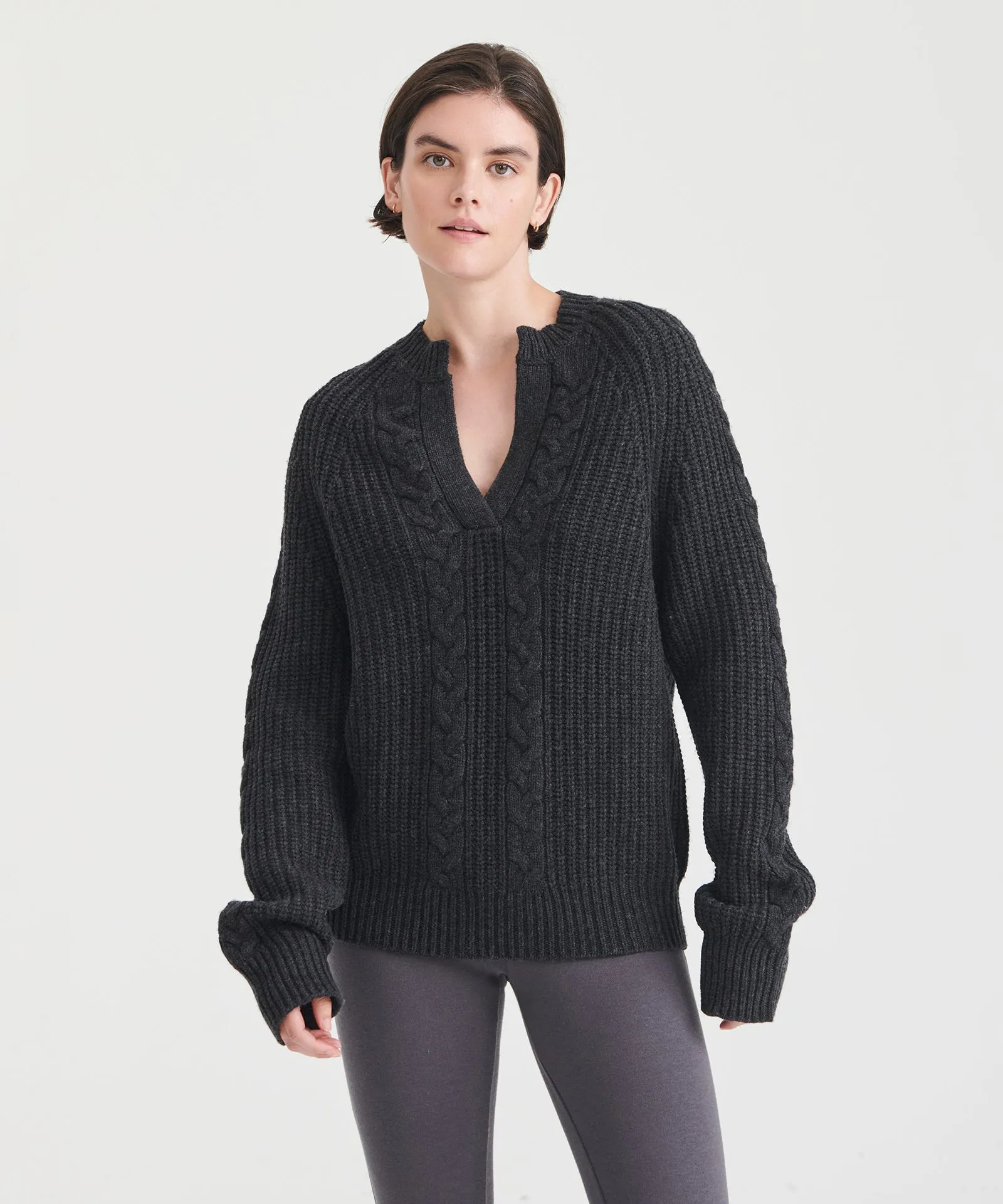 Cashmino Cable Split Neck Sweater sold by Naadam