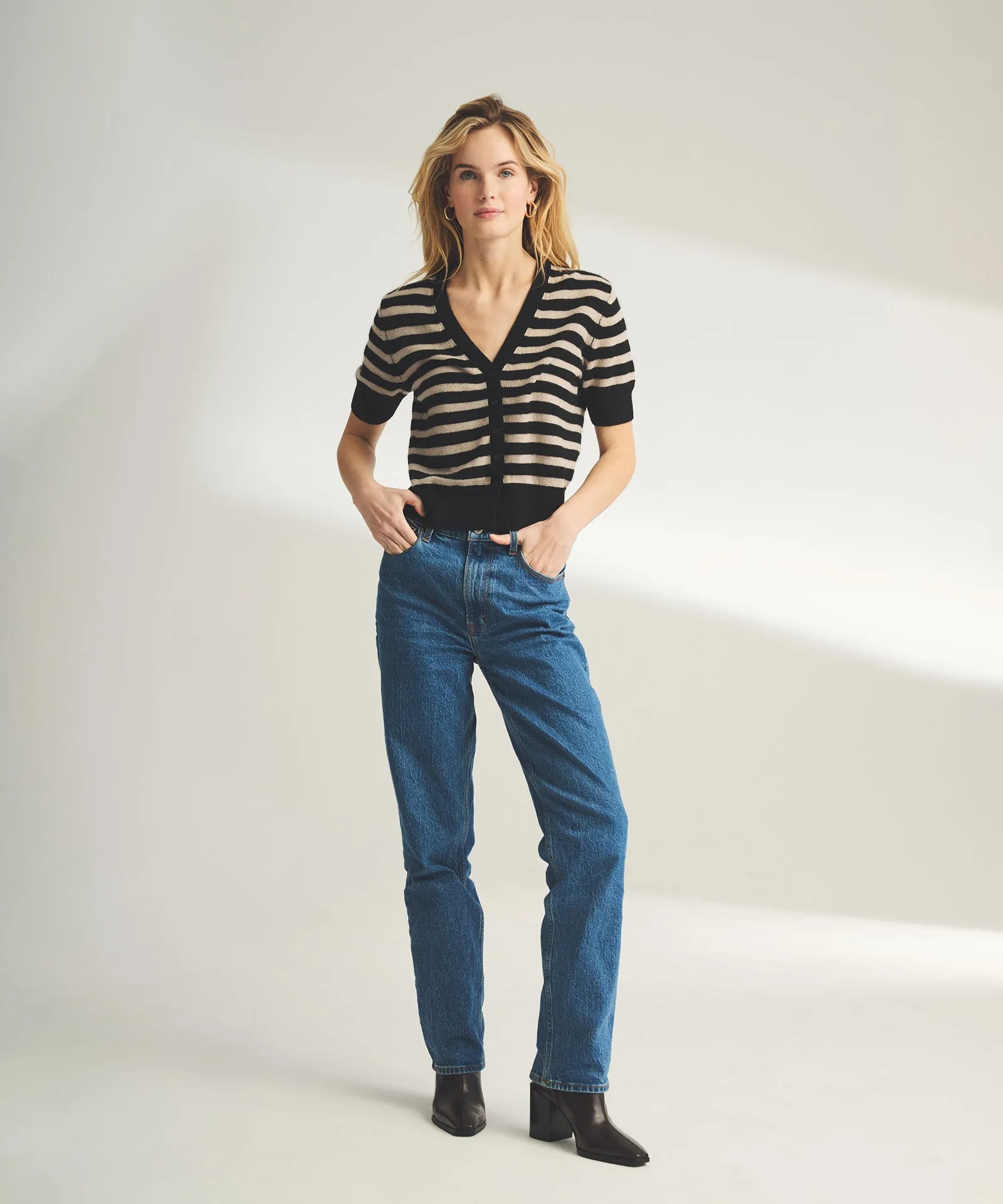 Lightweight Cashmere Striped Short Sleeve Cardigan sold by NAADAM product image thumbnail 2