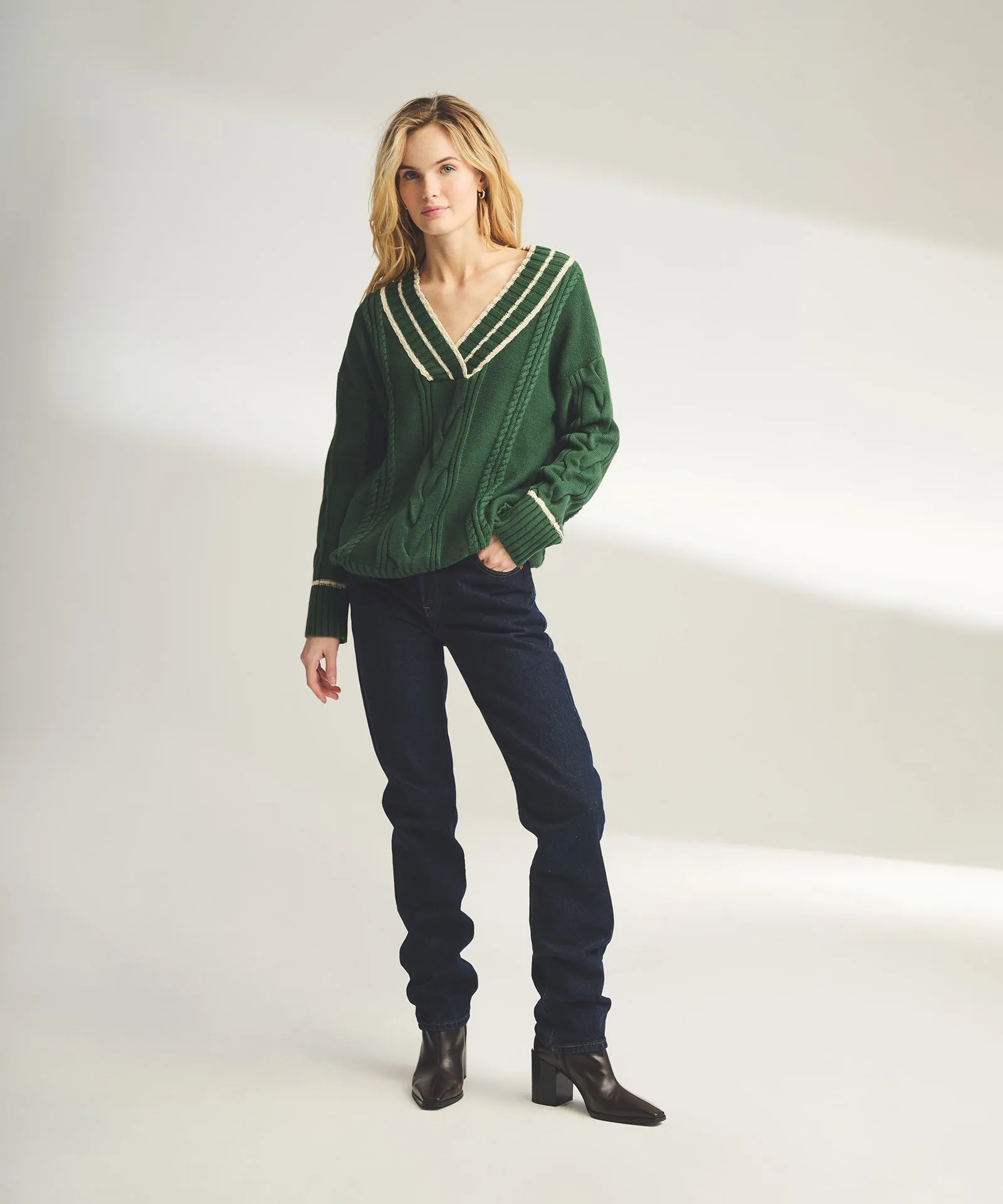 Varsity Cable Knit V-Neck sold by Naadam product image thumbnail 3