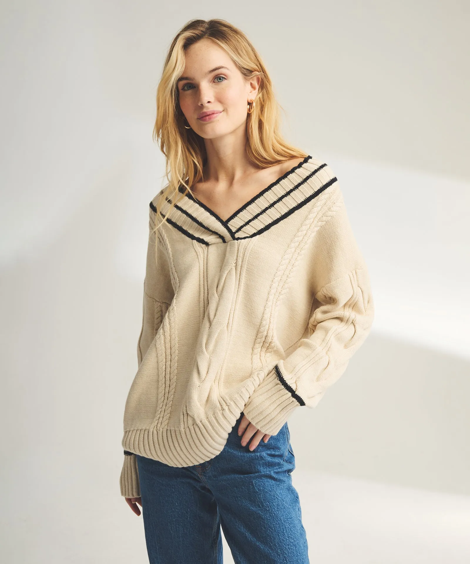 Varsity Cable Knit V-Neck sold by Naadam product image thumbnail 2