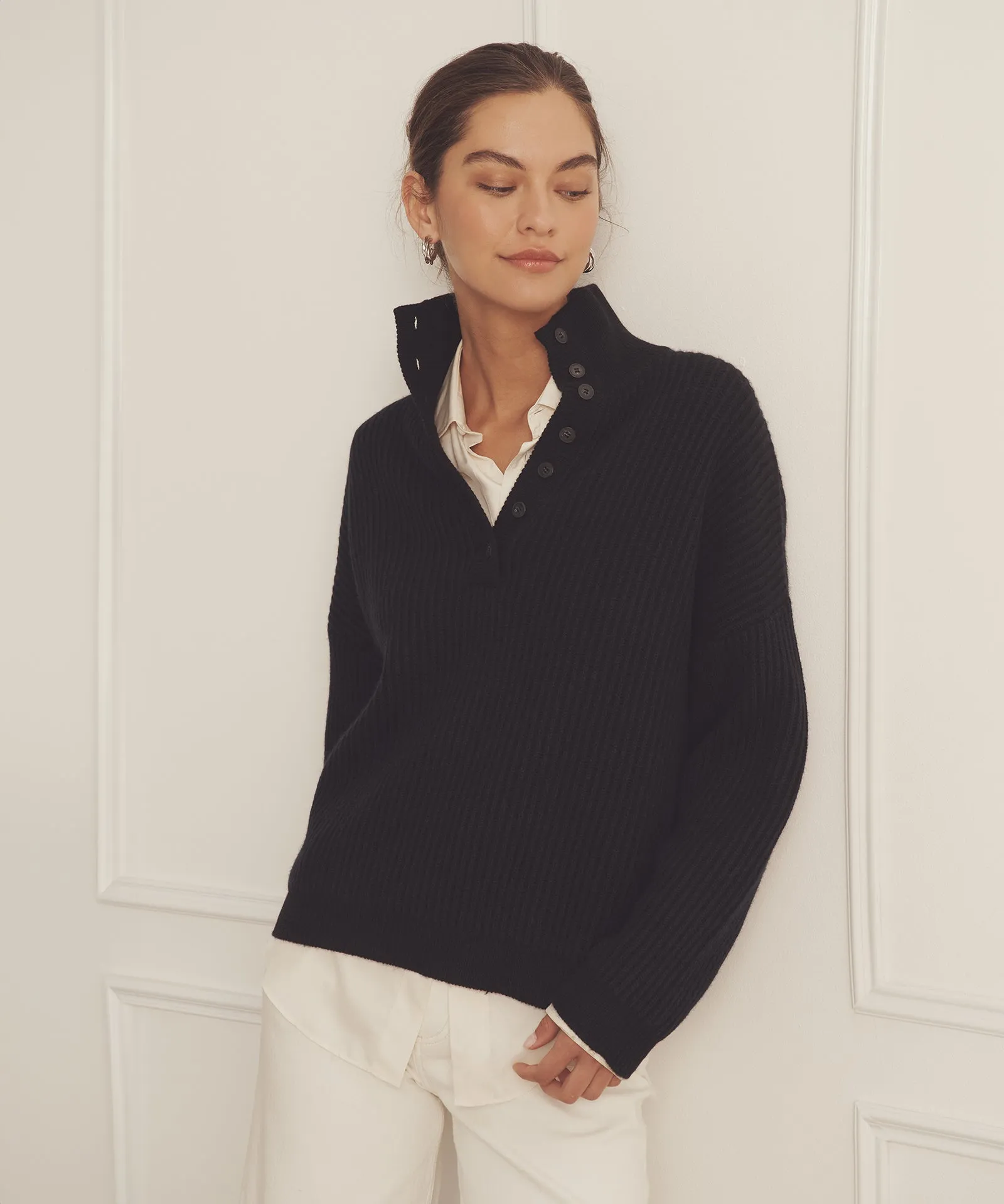 Super Luxe Cashmere Color Plaited High Neck Henley sold by NAADAM