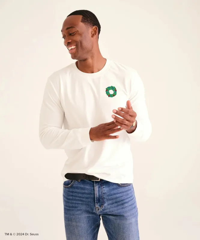 Men's Dr. Seuss The Grinch Holiday Wreath Long Sleeve Tee sold by Naadam