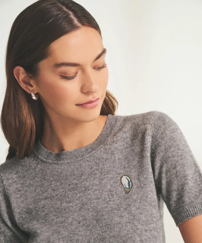 Women's Embroidered Oyster Cashmere Short Sleeve Sweater sold by Naadam