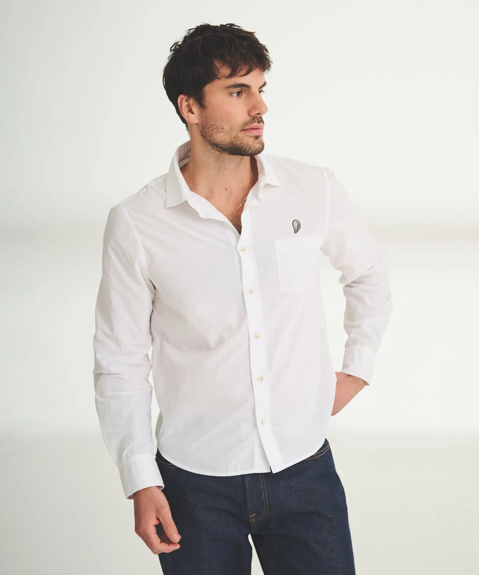 Men's Embroidered Oyster Cotton Button Down Shirt sold by Naadam