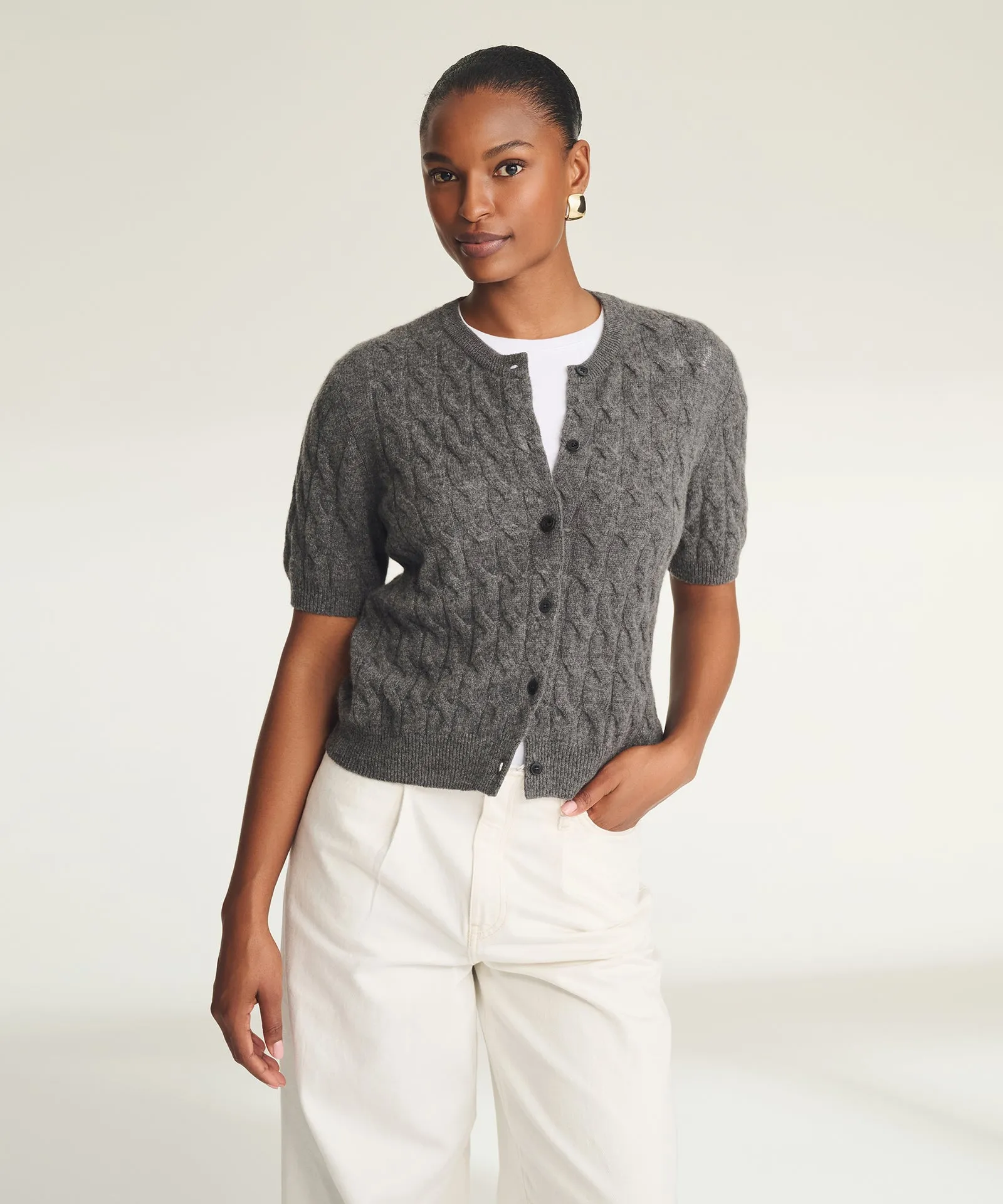 Lightweight Cashmere Cable Short Sleeve Cardigan sold by NAADAM product image thumbnail 2