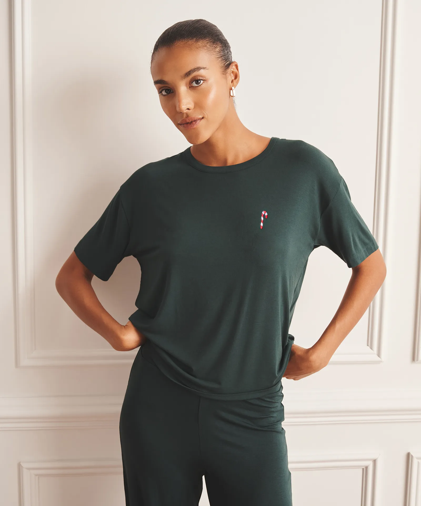 Embroidered Candy Cane Breathable Short Sleeve Sleep Top sold by NAADAM