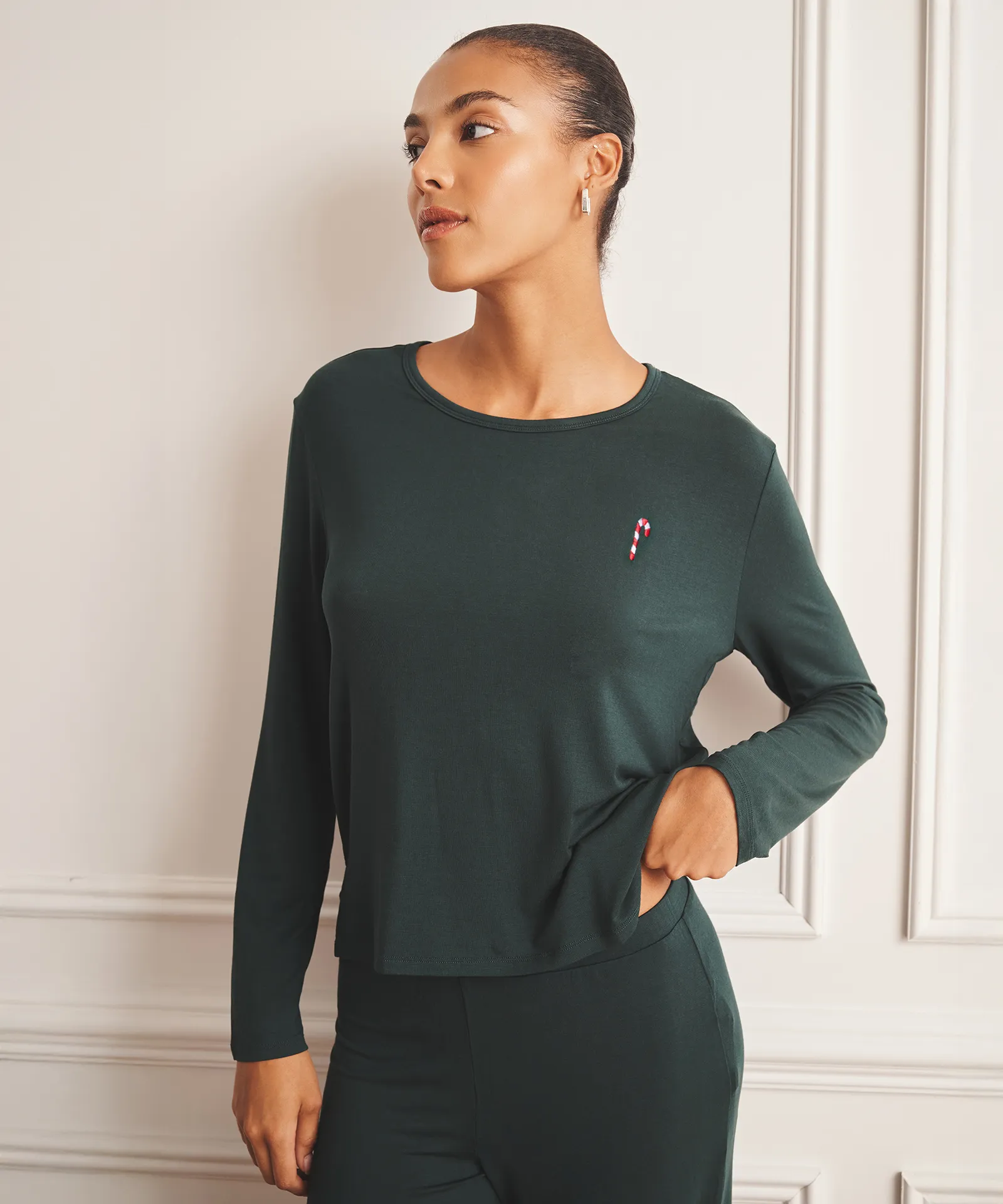 Embroidered Candy Cane Breathable Long Sleeve Sleep Tee sold by NAADAM