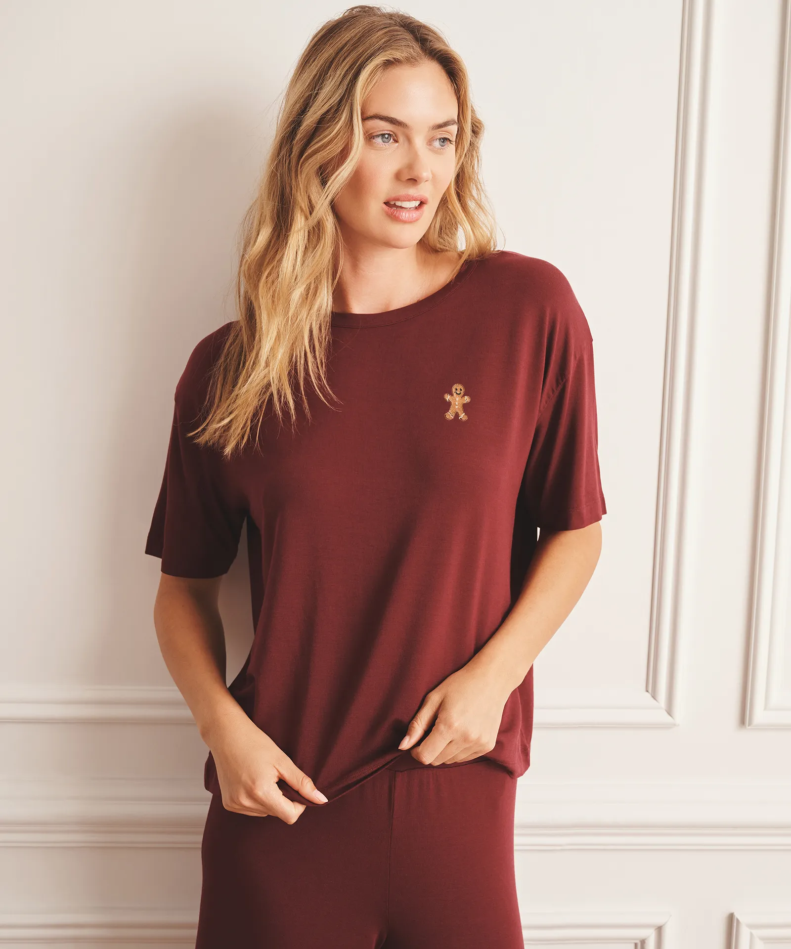 Embroidered Gingerbread Breathable Short Sleeve Sleep Top sold by NAADAM
