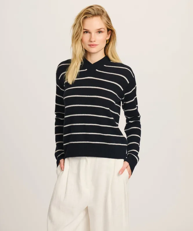 Lightweight Cashmere Striped High V-Neck Sweater sold by NAADAM