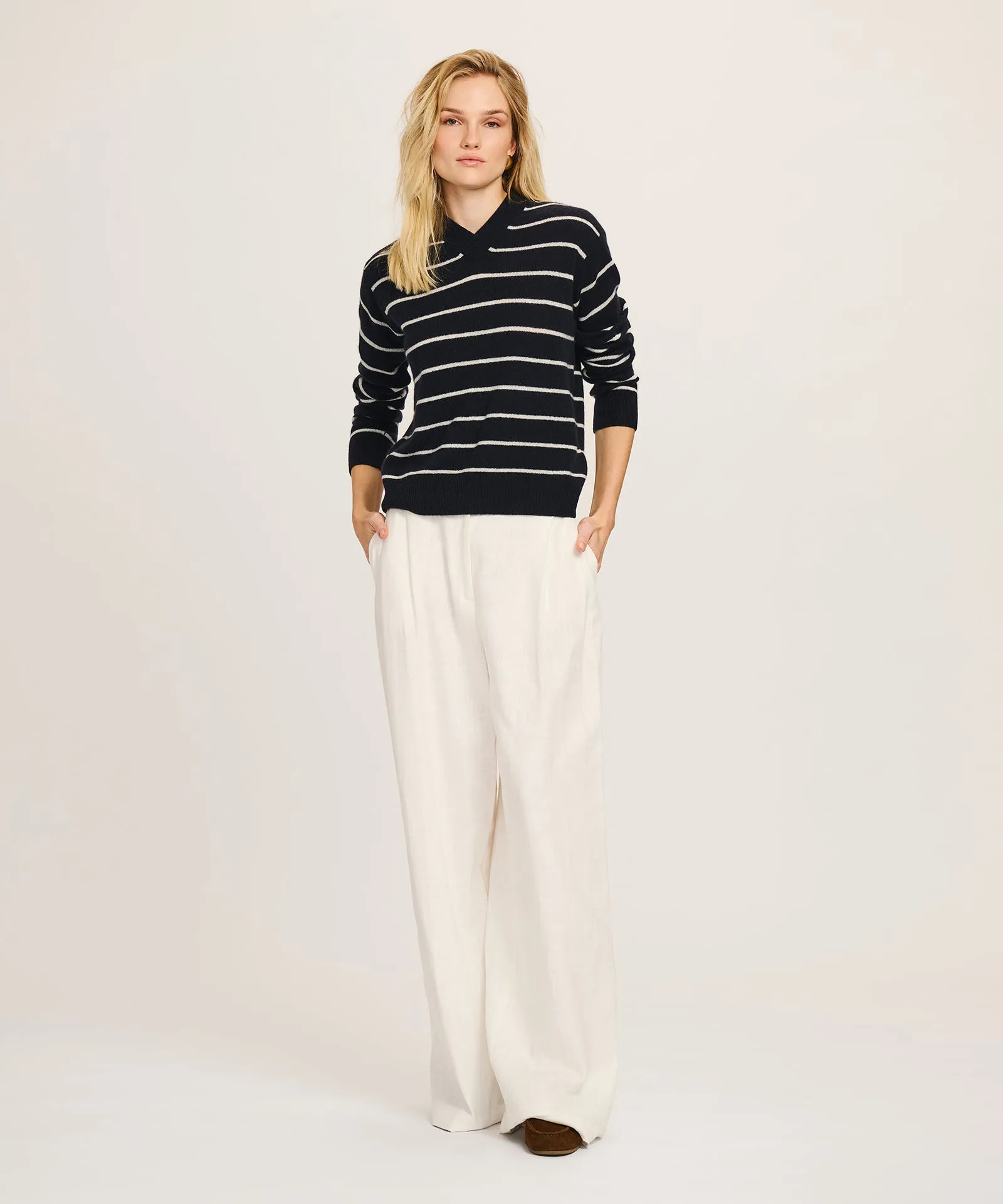 Lightweight Cashmere Striped High V-Neck Sweater sold by NAADAM product image thumbnail 4