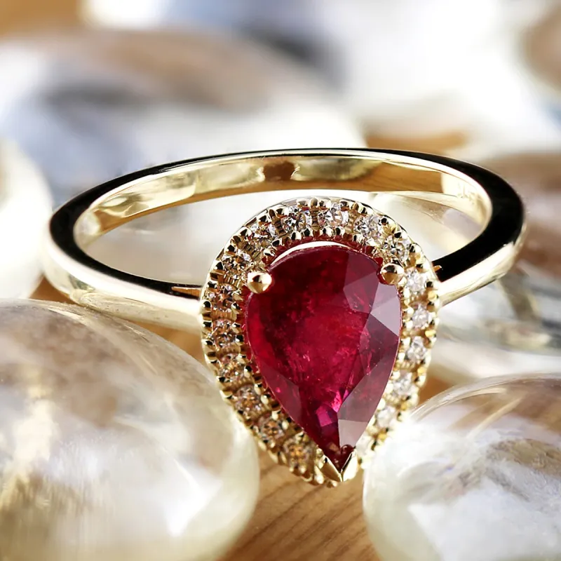 Auriya 1 1/2ct Pear Shape Red Ruby 1/6ctw Halo Diamond Engagement Ring 14k Gold sold by Zulily