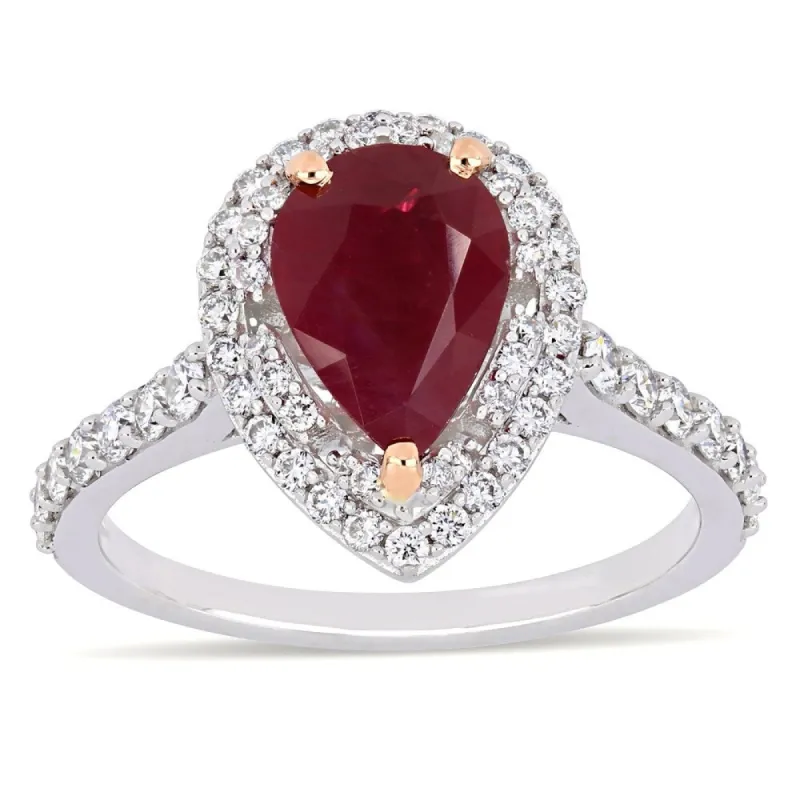 Miadora 14k 2-Tone White and Rose Gold Pear-cut Ruby & 3/4ct TDW Diamond Double Teardrop Halo Engagement Ring sold by Zulily