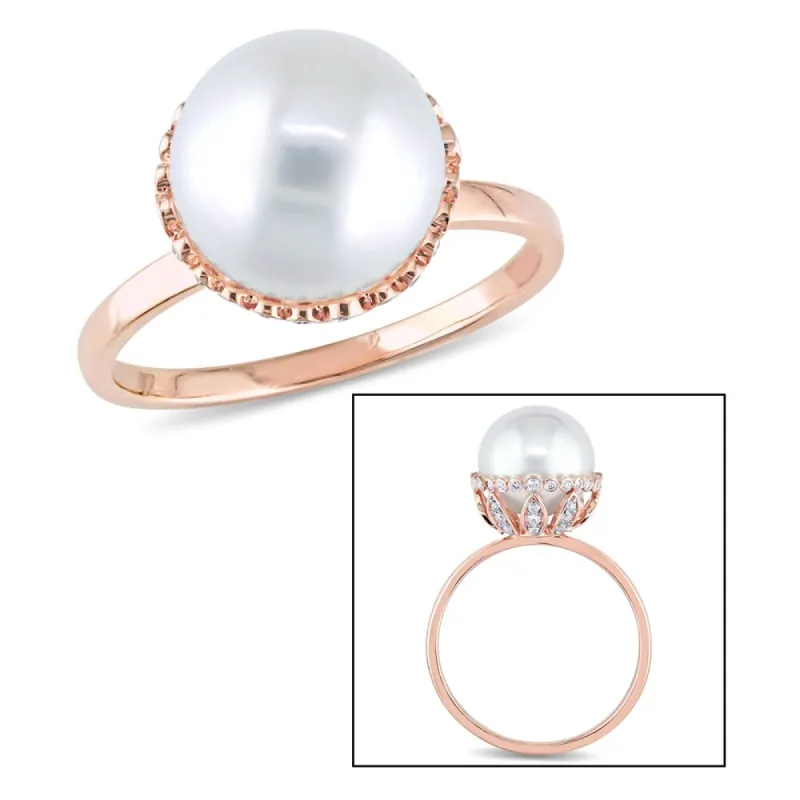 Miadora 14k Rose Gold White Cultured Freshwater Pearl and 1/4ct TDW Diamond Halo Ring (9.5-10 mm) (G sold by Zulily