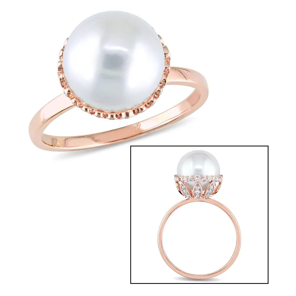 Miadora 14k Rose Gold White Cultured Freshwater Pearl and 1/4ct TDW Diamond Halo Ring (9.5-10 mm) (G sold by Zulily