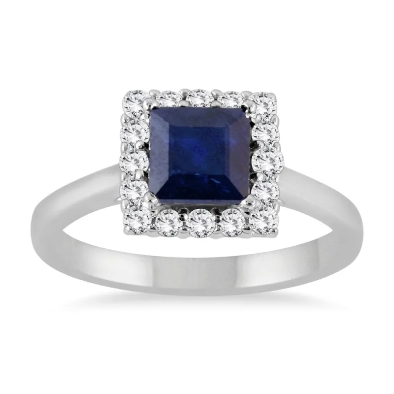 2 Carat Sapphire and Diamond Princess Halo Ring in 14K White Gold made by Zulily