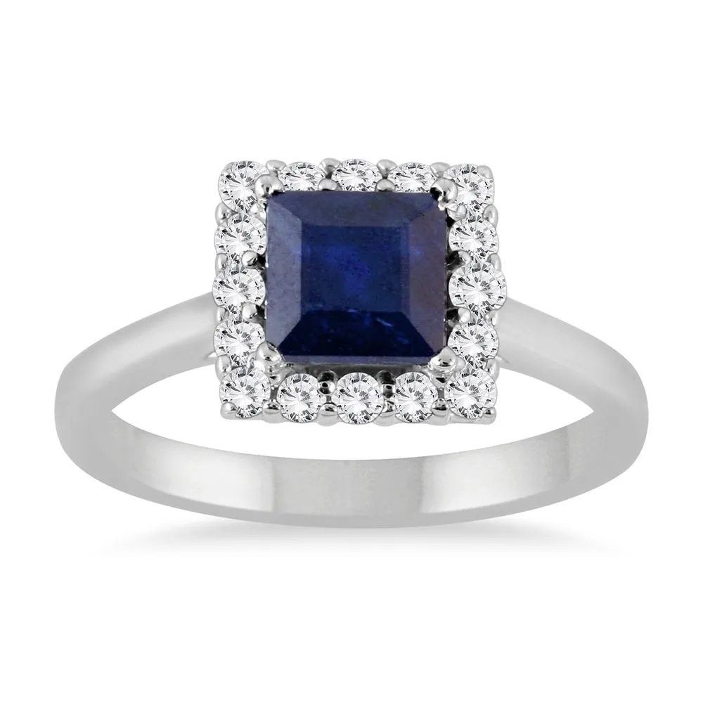 2 Carat Sapphire and Diamond Princess Halo Ring in 14K White Gold sold by Zulily