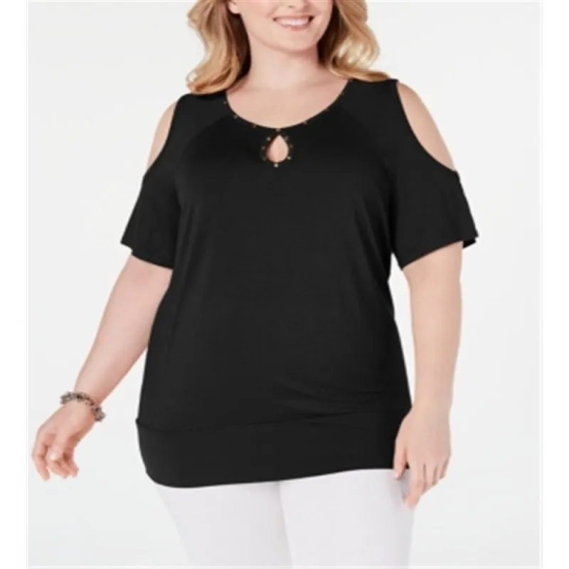 JM Collection Women's Studded Cold Shoulder Top Black Size 3X sold by Zulily