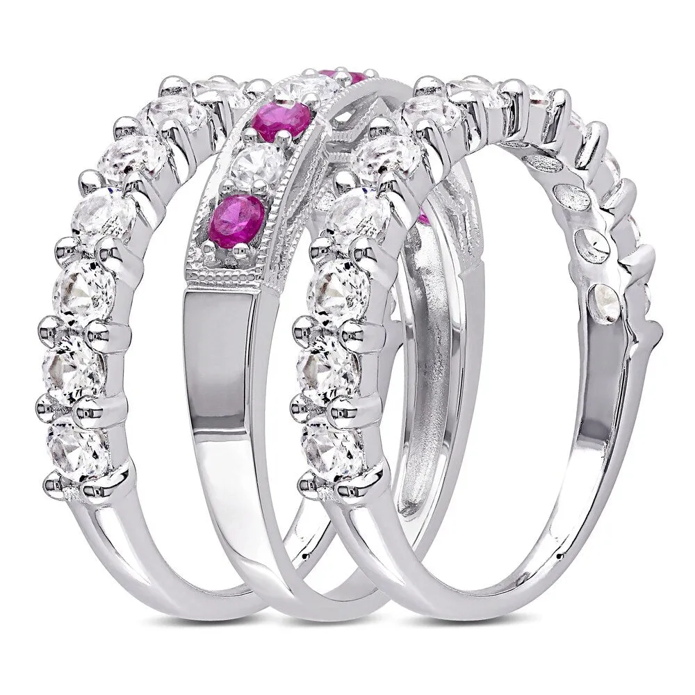 Miadora Sterling Silver Created Ruby and White Sapphire 3-Piece Semi-Eternity Milgrain Ring Set - Red sold by Zulily product image thumbnail 2