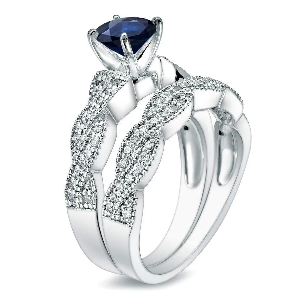 Auriya 14k Gold Vintage 1/2ct Blue Sapphire and 1/2ctw Diamond Engagement Ring Set sold by Zulily product image thumbnail 4