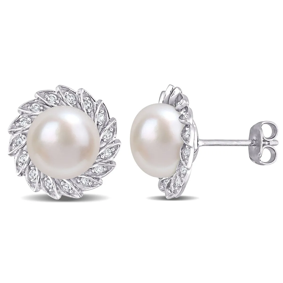 Miadora Cultured FW Pearl & Created White Sapphire Halo Stud Earrings in Sterling Silver (9.5-10mm) sold by Zulily