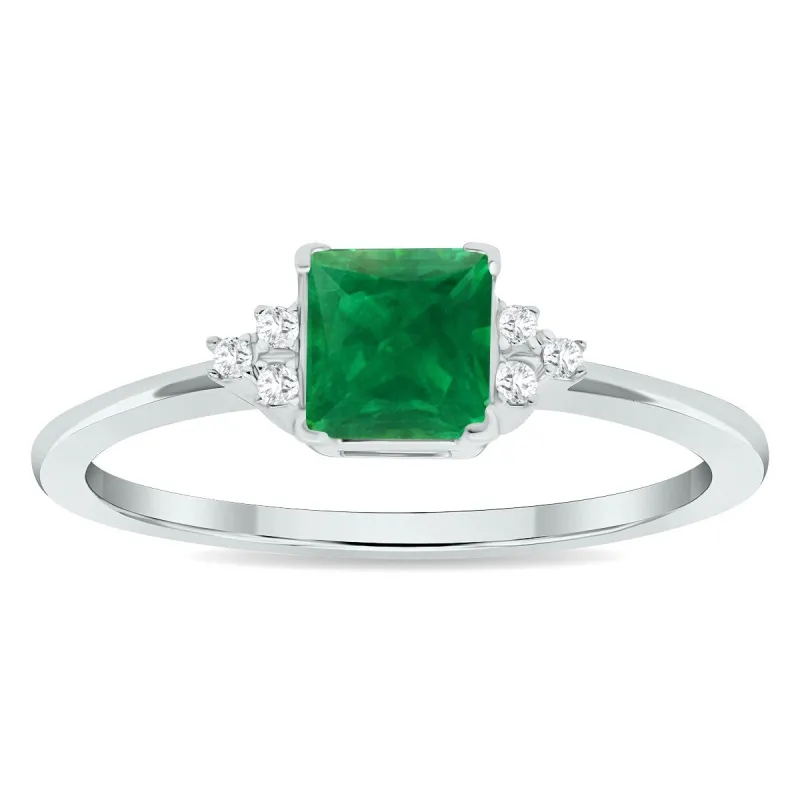 Women's Princess Cut Emerald and Diamond Half Moon Ring in 10K White Gold sold by Zulily