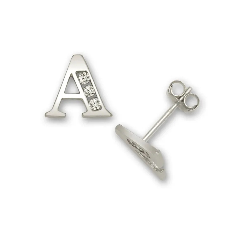 Solid 14k White Gold Channel-set Cubic Zirconia Initial Pair Earrings (A-Z) sold by Zulily