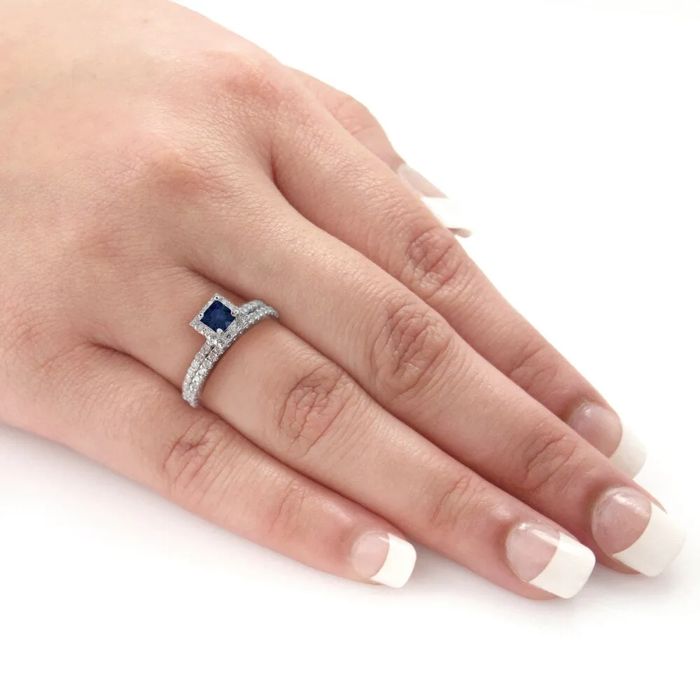 Auriya Platinum 1/2 carat Princess-cut Blue Sapphire and 3/4ct TDW Halo Diamond Engagement Ring Bridal Set sold by Zulily product image thumbnail 2