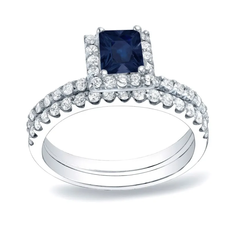 Auriya Platinum 1/2 carat Princess-cut Blue Sapphire and 3/4ct TDW Halo Diamond Engagement Ring Bridal Set sold by Zulily