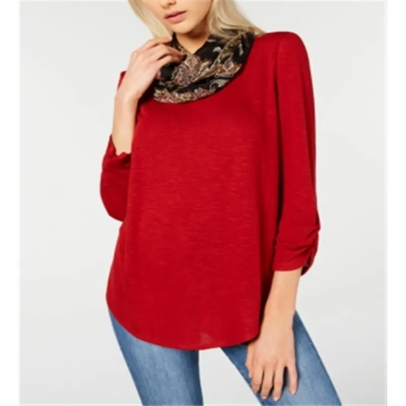 BCX Junior's Ruched Sleeve Top With Printed Scarf Brown Size X-Large made by BCX