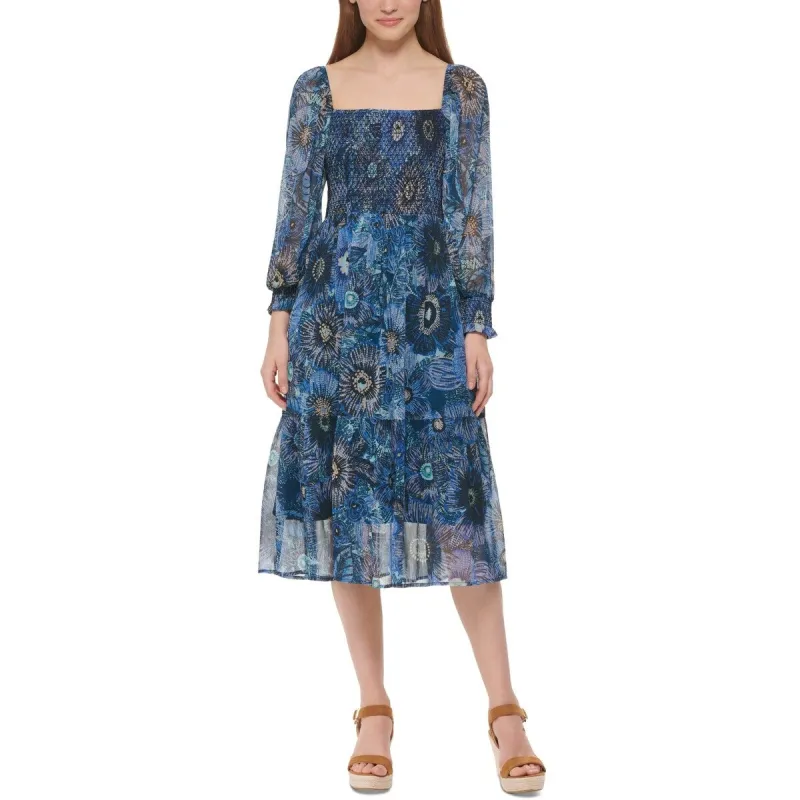 Vince Camuto Women's Floral Print Smocked Midi Dress Blue Size 6 sold by Zulily