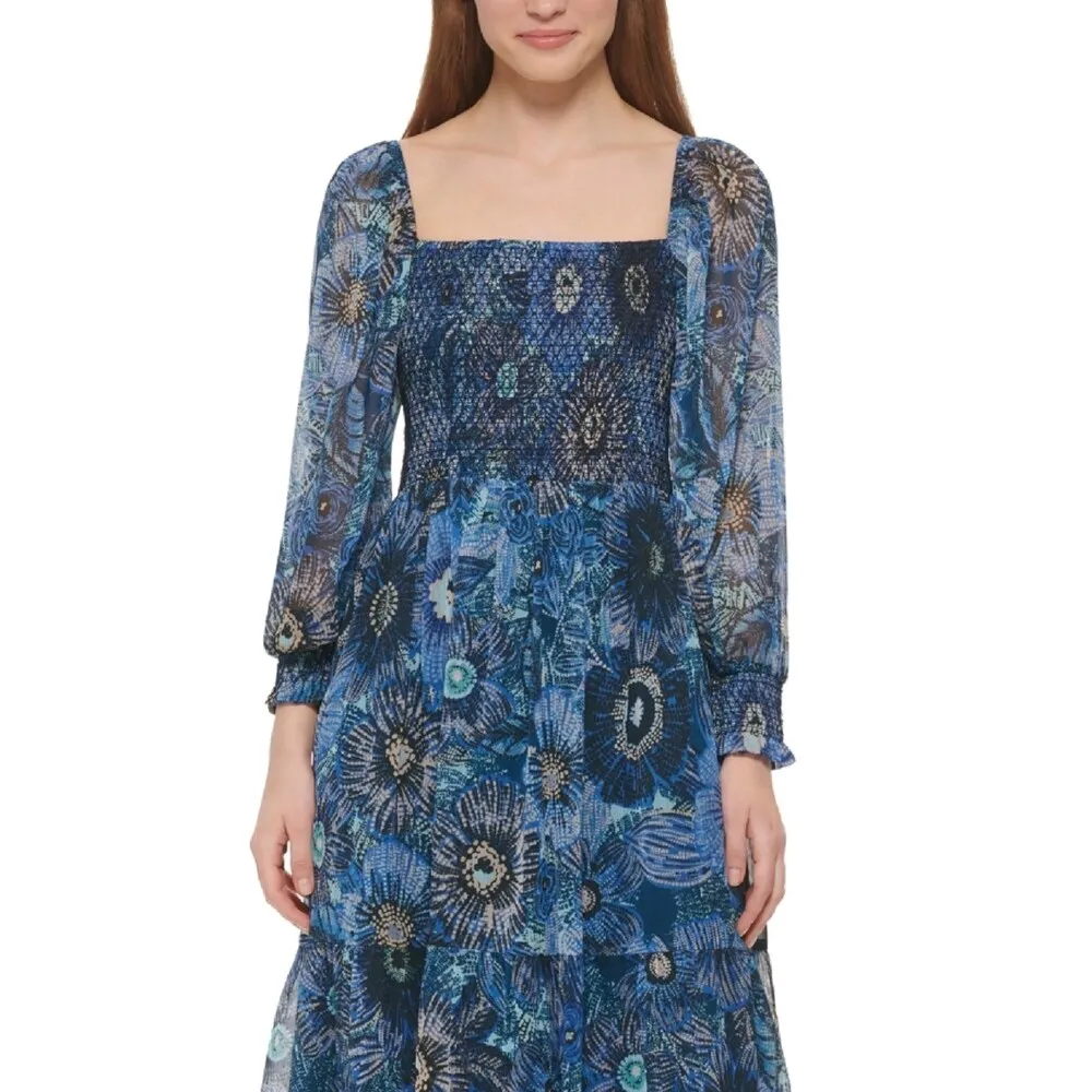 Vince Camuto Women's Floral Print Smocked Midi Dress Blue Size 6 sold by Zulily product image thumbnail 2