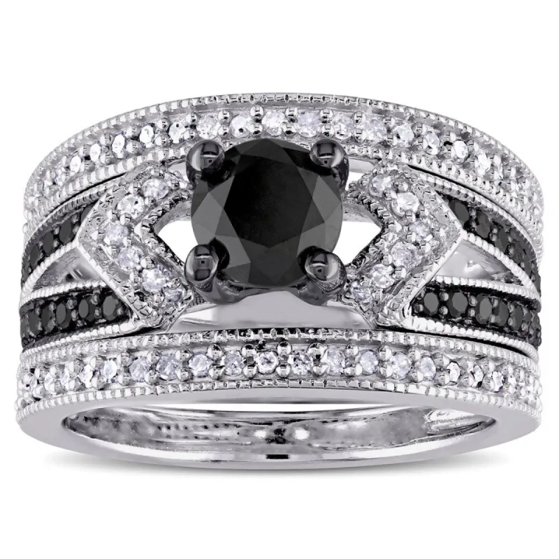 Miadora Sterling Silver 1 1/4ct TDW Black and White Diamond Split Shank 3-Piece Bridal Set sold by Zulily