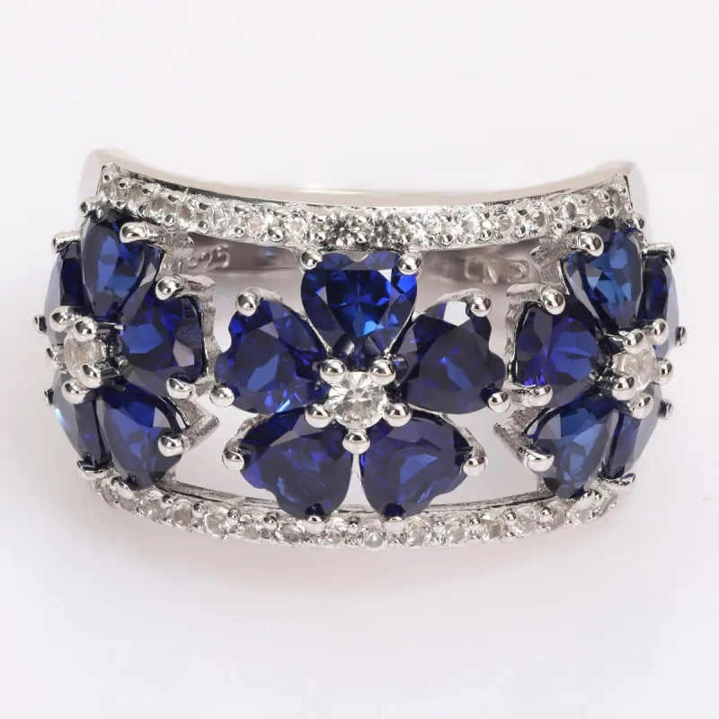 Miadora Heart-cut Created Blue & White Sapphire Triple Floral Cocktail Ring in Sterling Silver sold by Zulily