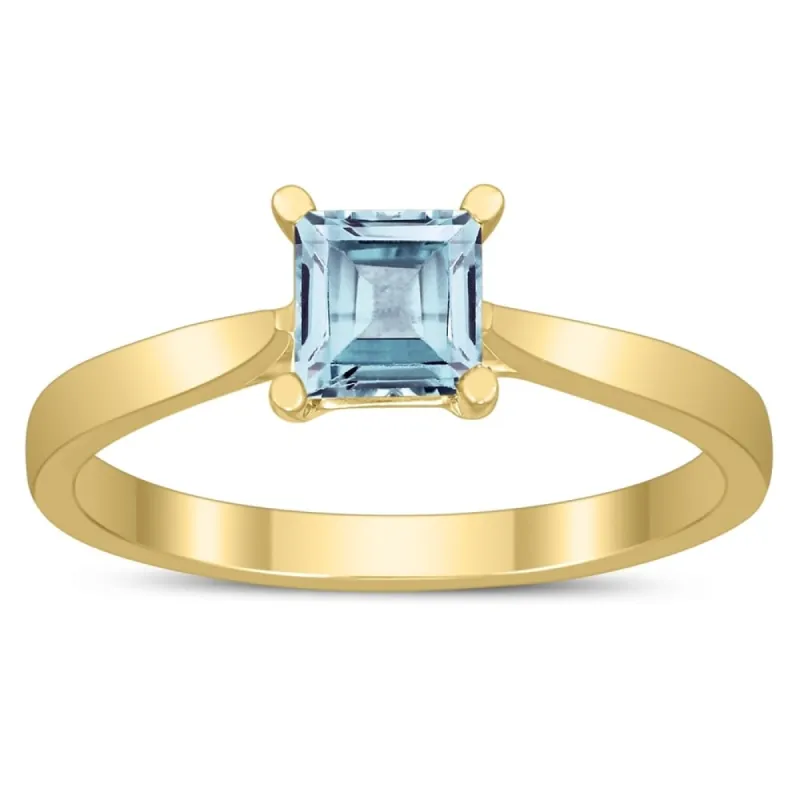 Square Princess Cut 5MM Aquamarine Solitaire Ring in 10K Yellow Gold sold by Zulily
