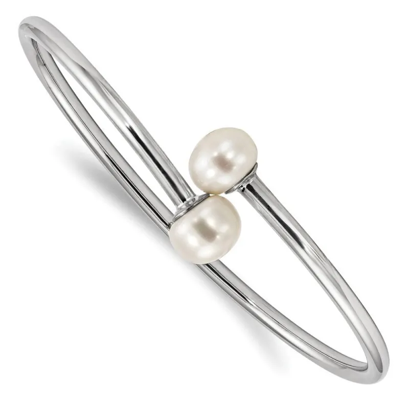 Curata 925 Sterling Silver Rhodium 10mm White Cultured Pearl Flexible Cuff Bangle Bracelet sold by Zulily