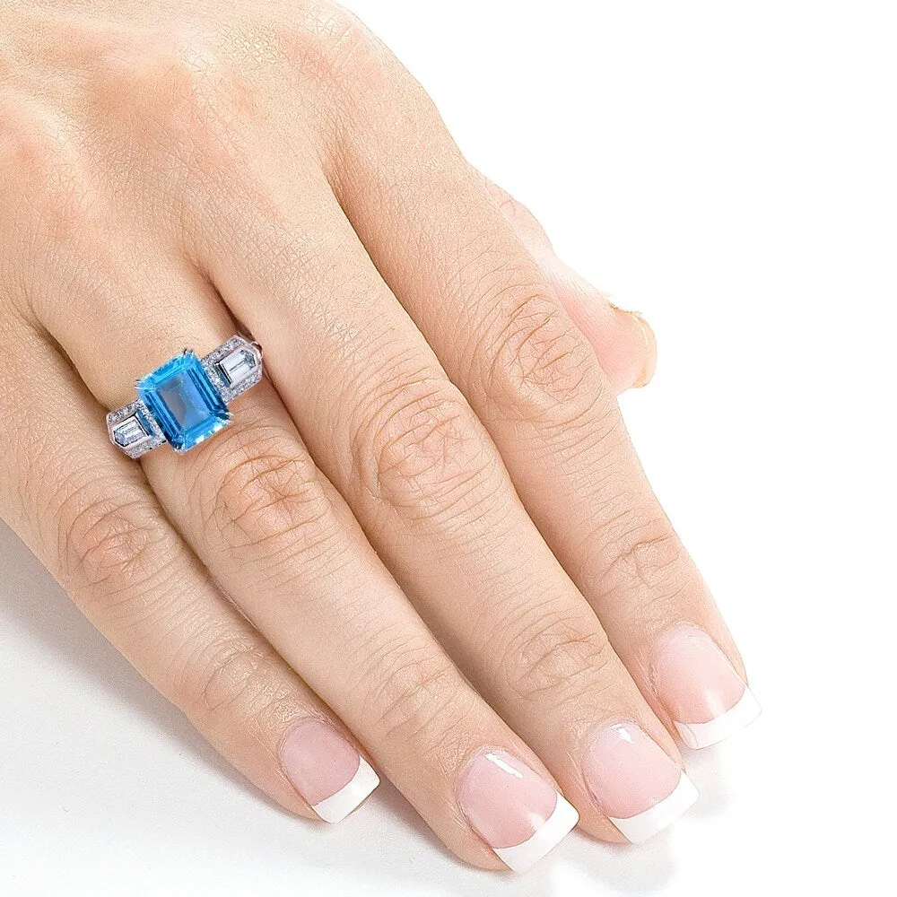 Annello by Kobelli 14k White Gold 4 1/2ct TGW Emerald-cut Blue Topaz and Bullet-cut Diamond Art Deco Ring sold by Zulily product image thumbnail 4