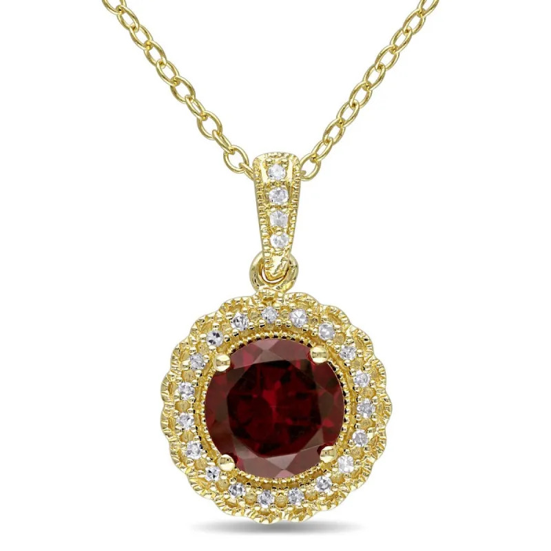 Miadora Yellow Plated Sterling Silver Garnet and 1/10ct TDW Diamond Halo Necklace (G-H, I2-I3) sold by Zulily