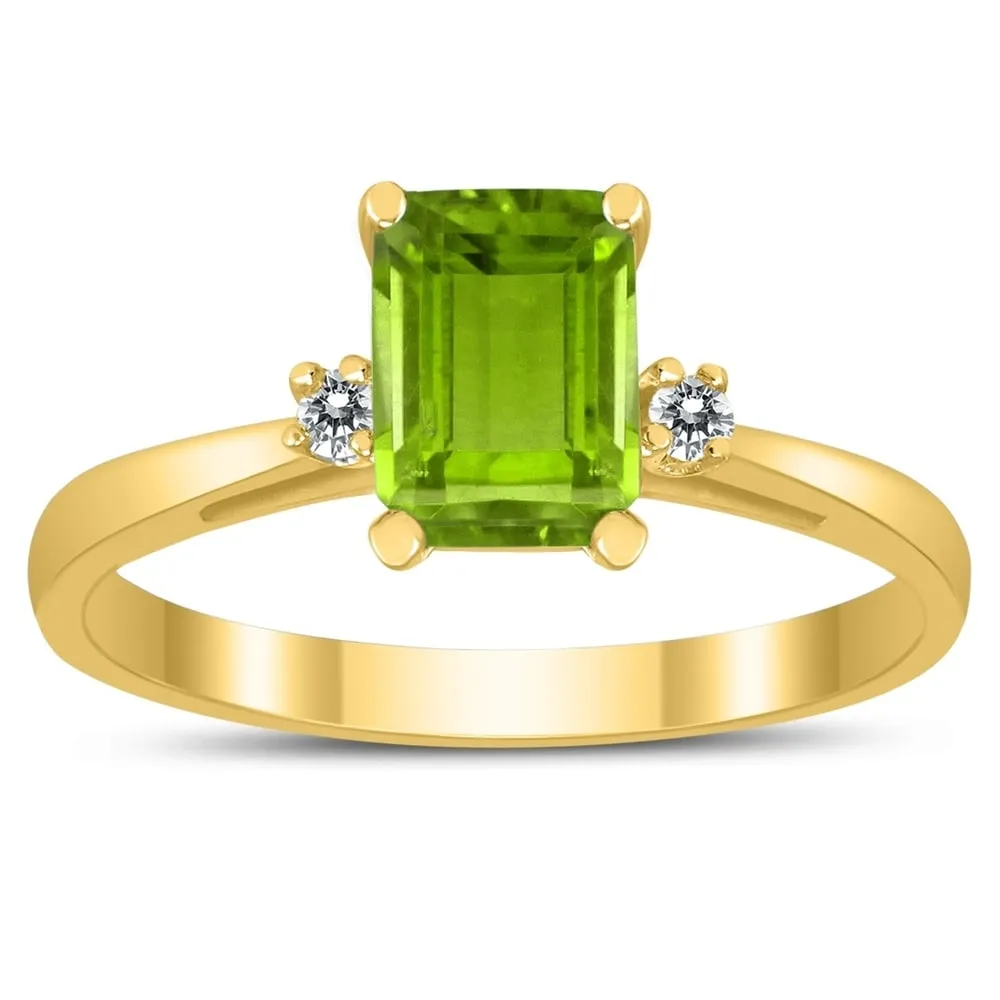 Emerald Cut 7X5MM Peridot and Diamond Three Stone Ring in 10K Yellow Gold sold by Zulily