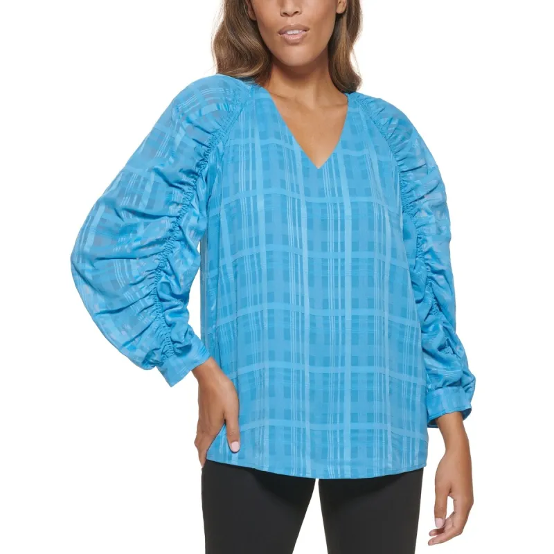 Calvin Klein Women's Plaid Gathered Sleeve Semi Sheer Top Blue Size Medium sold by Zulily