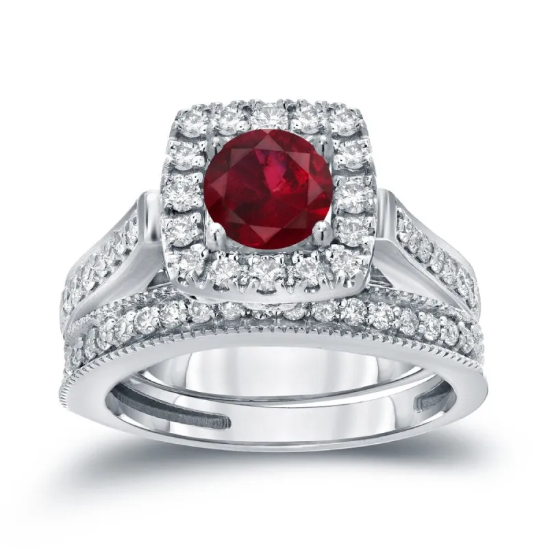 Auriya 1/3ct Red Ruby and 3/4ctw Halo Diamond Engagement Ring Set 14kt Gold sold by Zulily