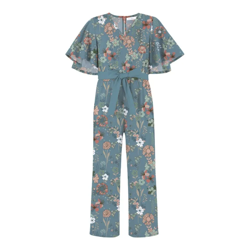 Dusty Blue & Dusty Pink Floral Print Bow-Belt Flutter-Sleeve Jumpsuit sold by Zulily